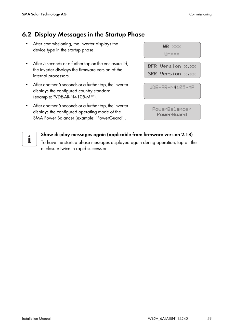 2 display messages in the startup phase, Display messages in the startup phase | SMA WB 5000A-11 Installation User Manual | Page 49 / 88