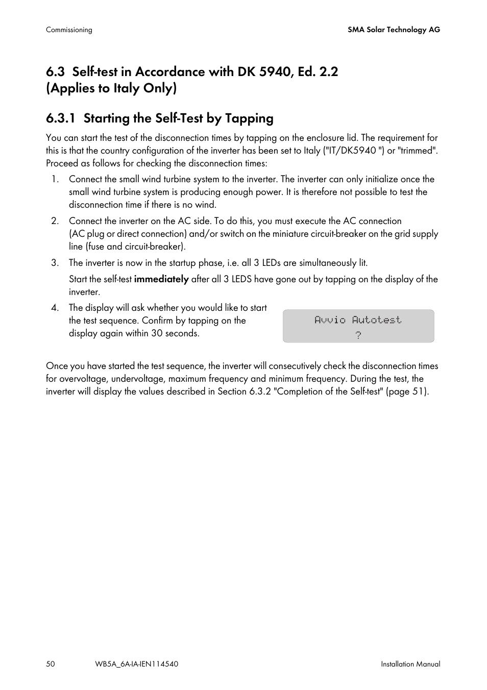 1 starting the self-test by tapping, Self-test in accordance with dk 5940, ed. 2.2, Applies to italy only) | Starting the self-test by tapping | SMA WB 5000A-11 Installation User Manual | Page 50 / 88