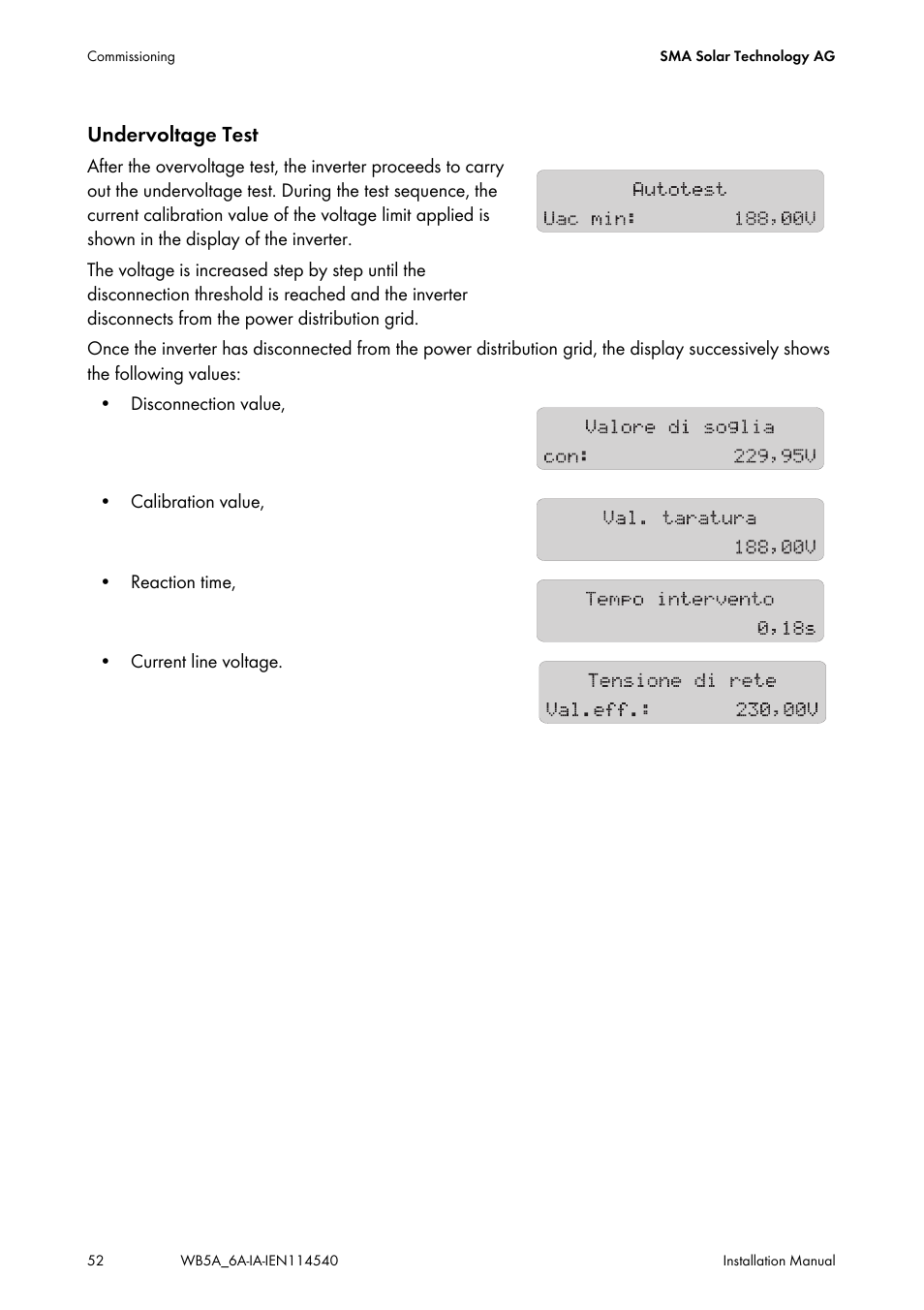 Undervoltage test | SMA WB 5000A-11 Installation User Manual | Page 52 / 88