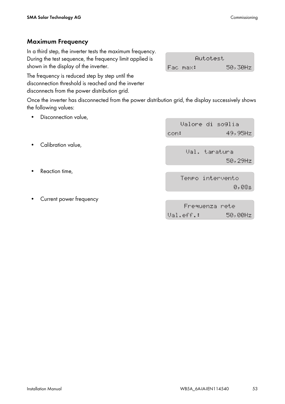 Maximum frequency | SMA WB 5000A-11 Installation User Manual | Page 53 / 88