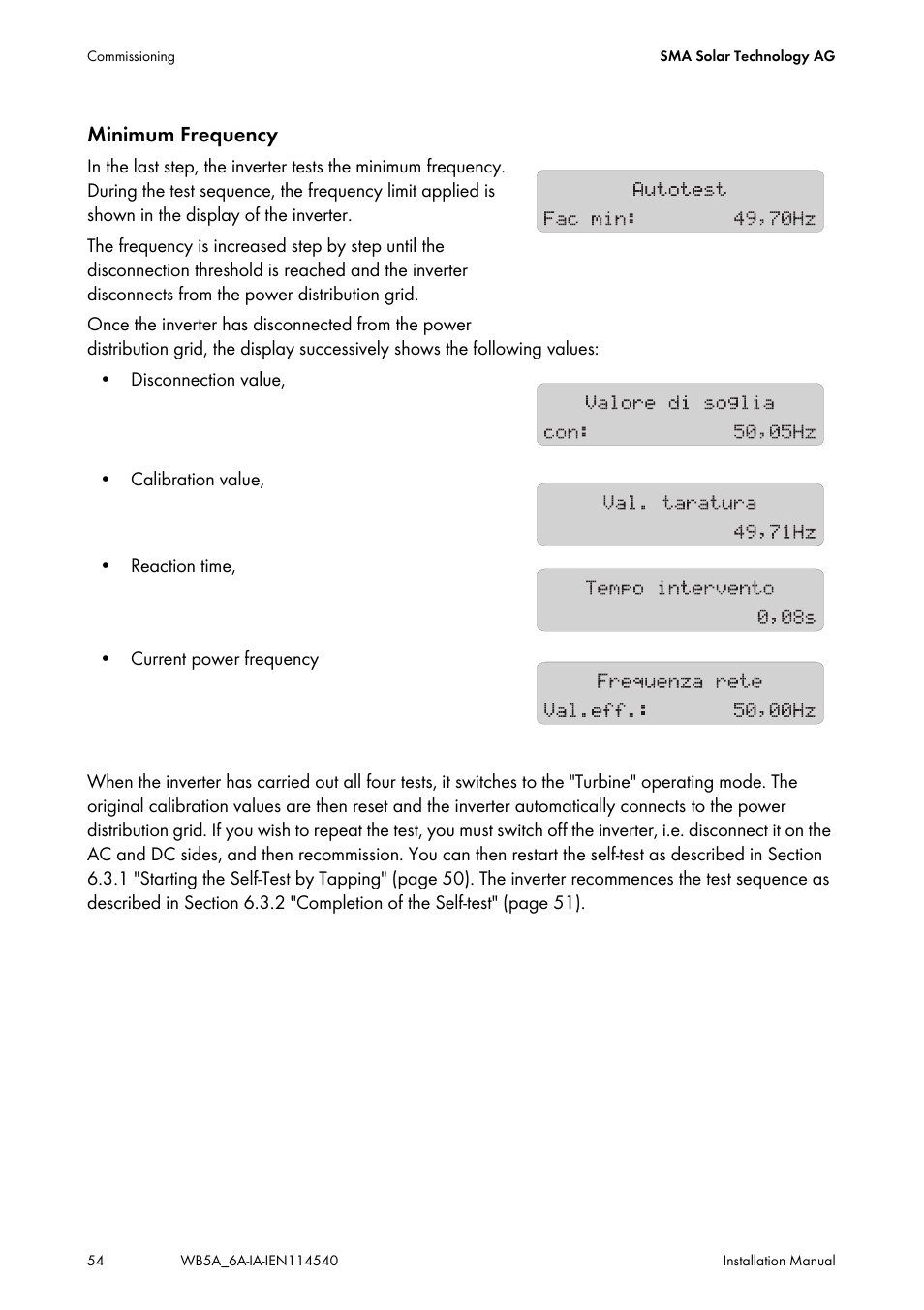 Minimum frequency | SMA WB 5000A-11 Installation User Manual | Page 54 / 88