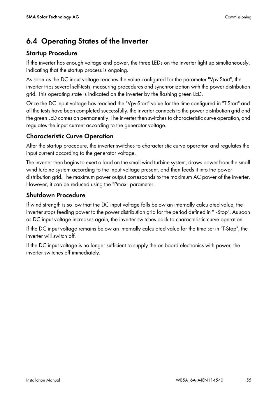 4 operating states of the inverter, Operating states of the inverter | SMA WB 5000A-11 Installation User Manual | Page 55 / 88