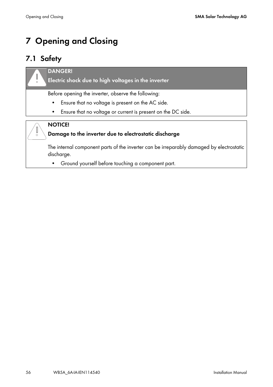 7 opening and closing, 1 safety, Opening and closing | Safety | SMA WB 5000A-11 Installation User Manual | Page 56 / 88