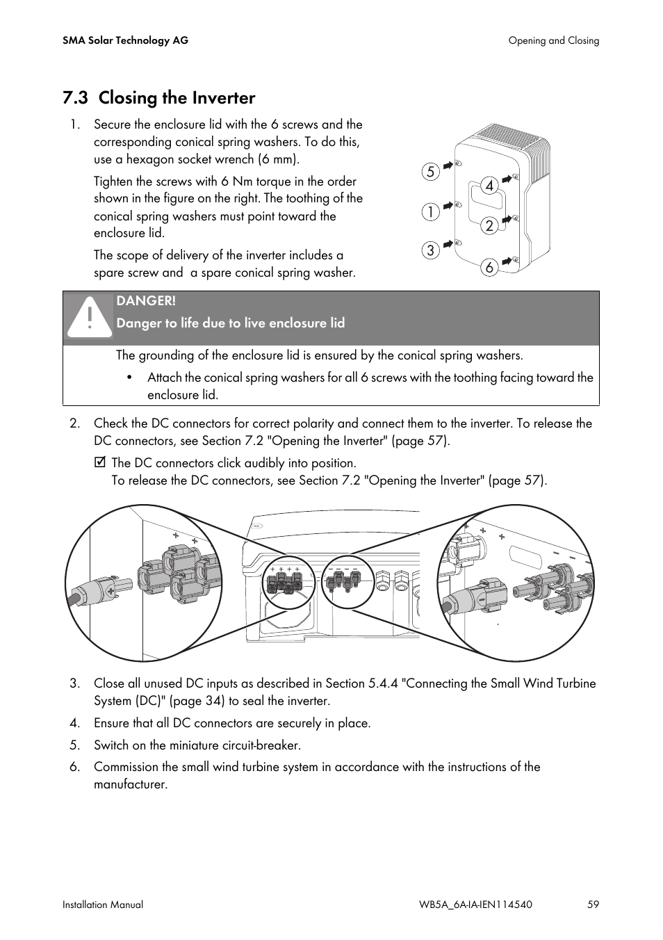 3 closing the inverter, Closing the inverter | SMA WB 5000A-11 Installation User Manual | Page 59 / 88