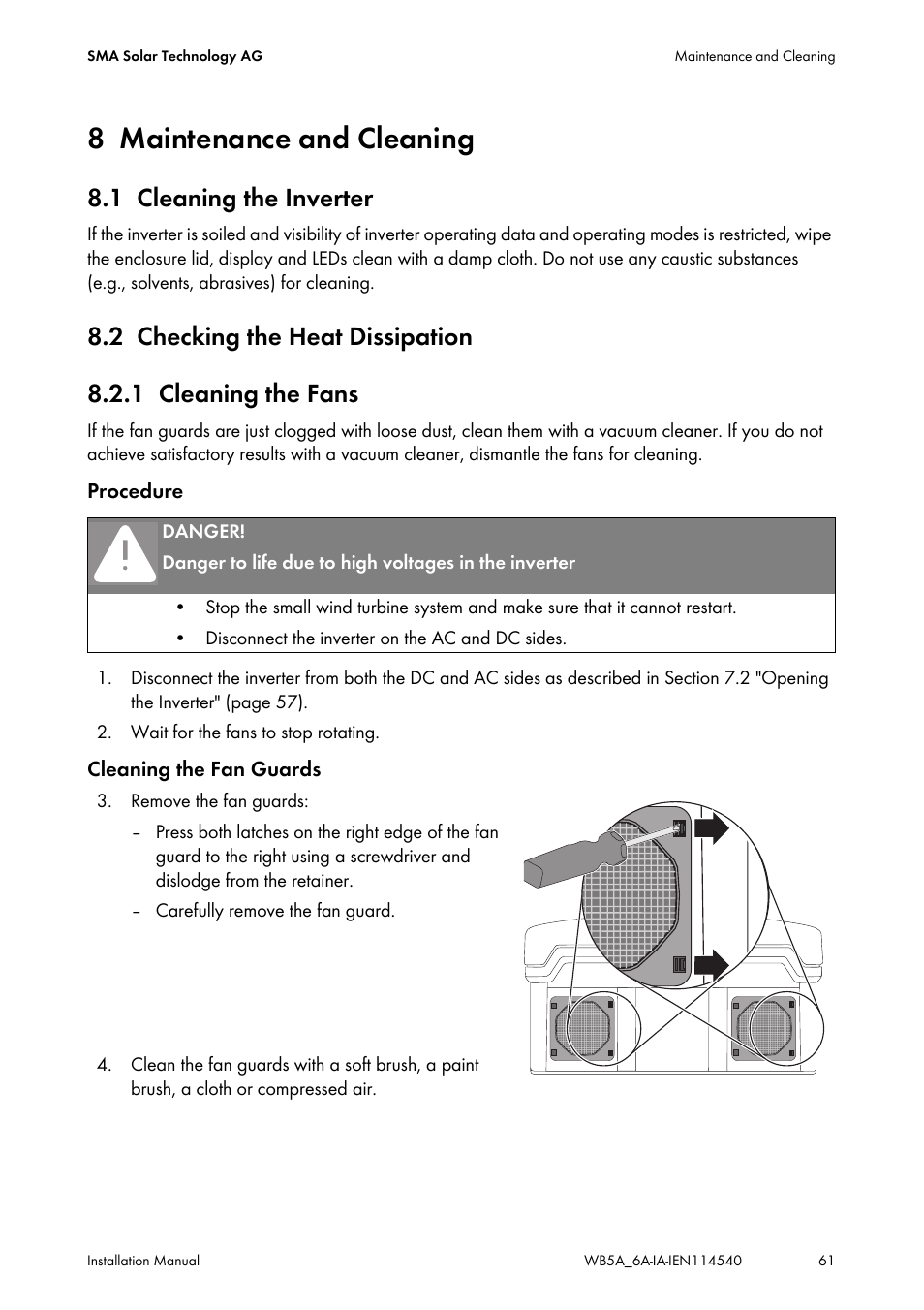 8 maintenance and cleaning, 1 cleaning the inverter, 2 checking the heat dissipation | 1 cleaning the fans, Maintenance and cleaning, Cleaning the inverter, Checking the heat dissipation, Cleaning the fans | SMA WB 5000A-11 Installation User Manual | Page 61 / 88