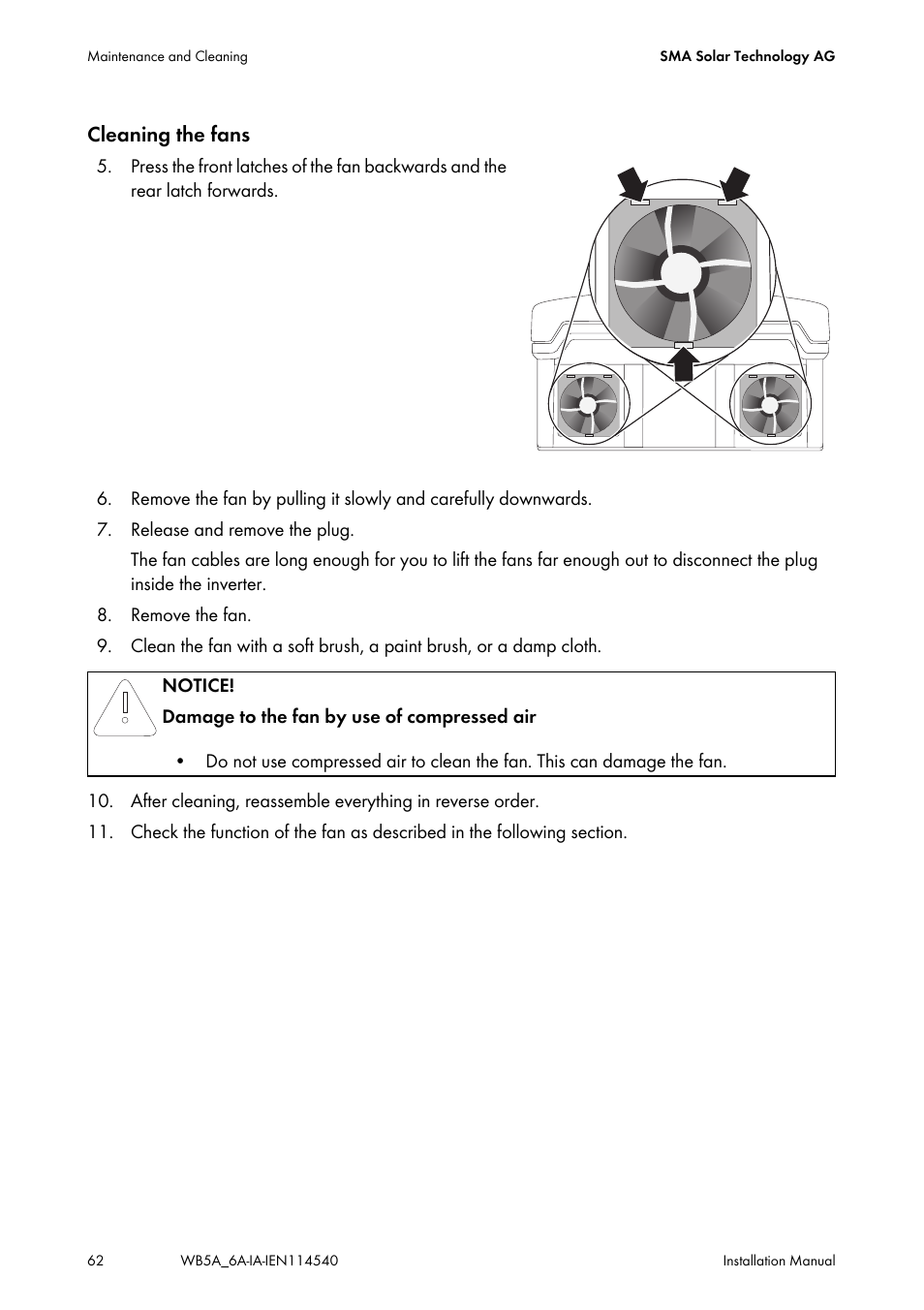 Cleaning the fans | SMA WB 5000A-11 Installation User Manual | Page 62 / 88