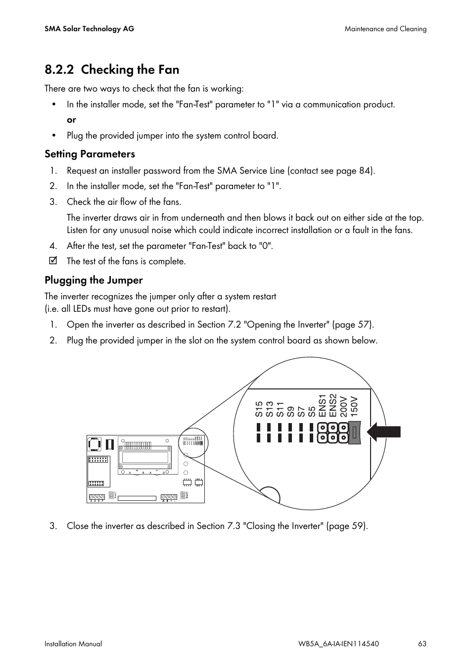 2 checking the fan, Checking the fan | SMA WB 5000A-11 Installation User Manual | Page 63 / 88