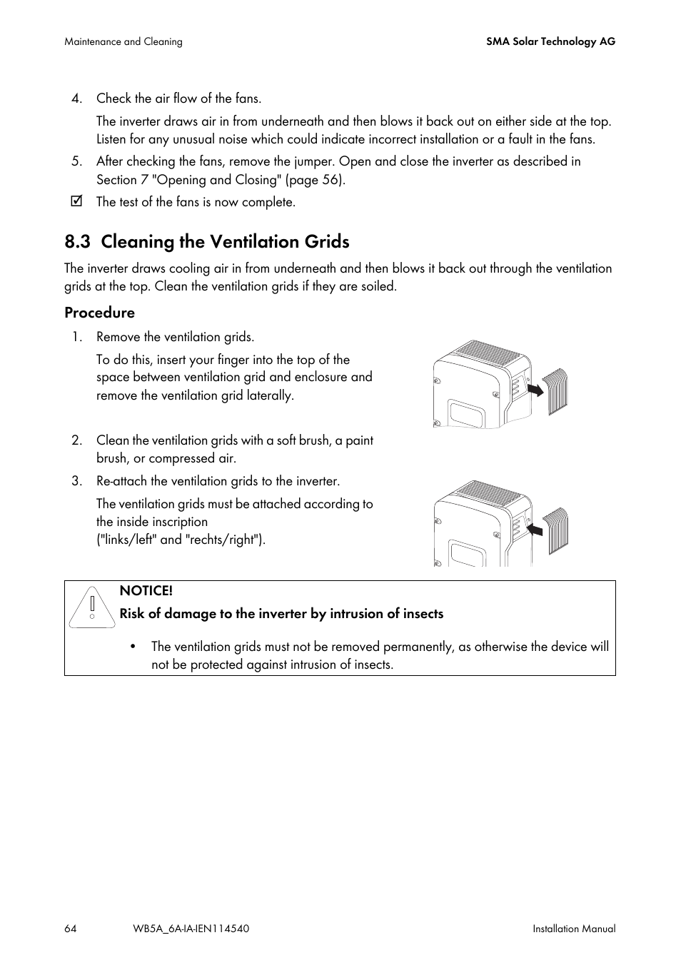 3 cleaning the ventilation grids, Cleaning the ventilation grids | SMA WB 5000A-11 Installation User Manual | Page 64 / 88