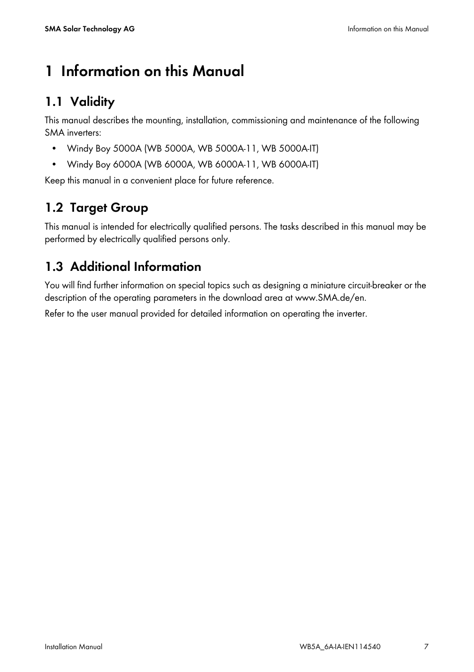 1 information on this manual, 1 validity, 2 target group | 3 additional information, Information on this manual, Validity, Target group, Additional information | SMA WB 5000A-11 Installation User Manual | Page 7 / 88