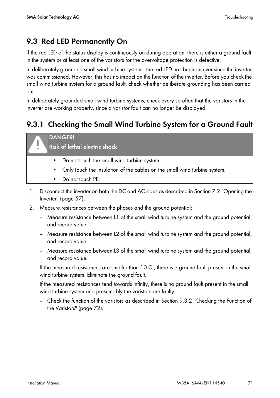 3 red led permanently on, Red led permanently on | SMA WB 5000A-11 Installation User Manual | Page 71 / 88