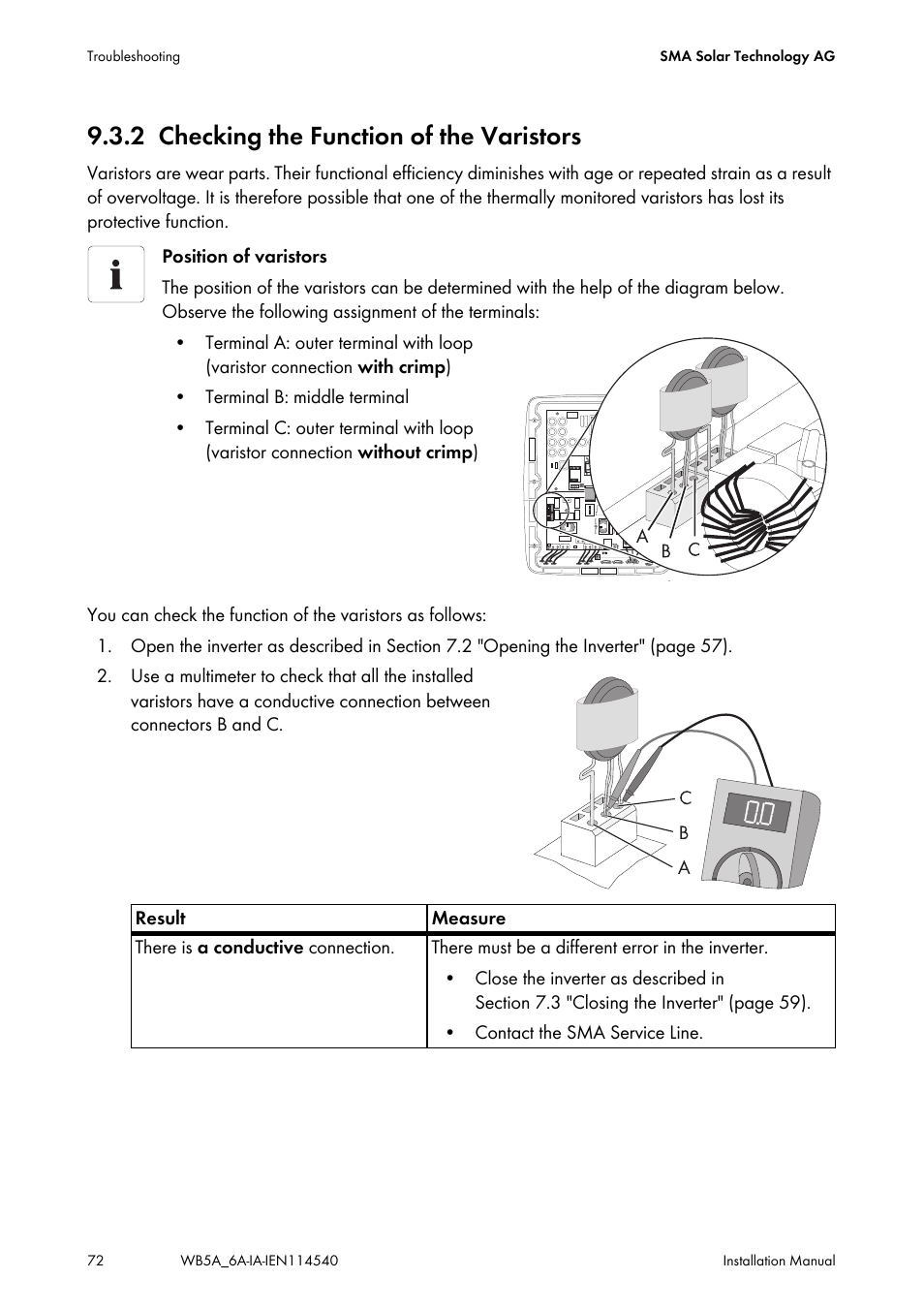 2 checking the function of the varistors, Checking the function of the varistors, Ection 9.3.2 "checking the function of | SMA WB 5000A-11 Installation User Manual | Page 72 / 88