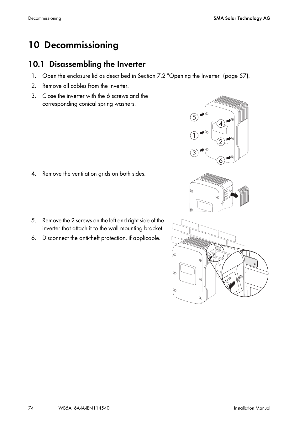 10 decommissioning, 1 disassembling the inverter, Decommissioning | Disassembling the inverter | SMA WB 5000A-11 Installation User Manual | Page 74 / 88