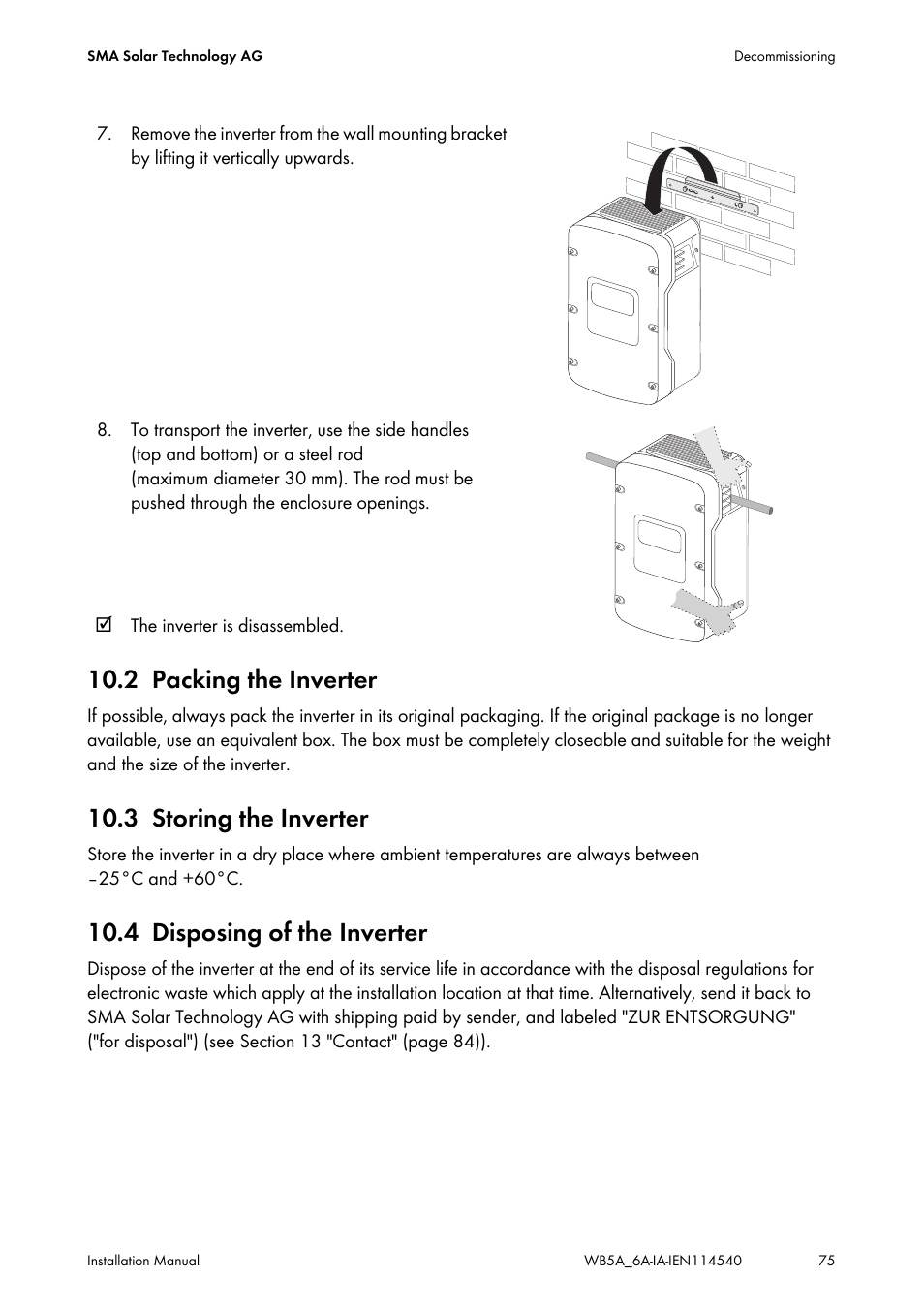 2 packing the inverter, 3 storing the inverter, 4 disposing of the inverter | Packing the inverter, Storing the inverter, Disposing of the inverter | SMA WB 5000A-11 Installation User Manual | Page 75 / 88