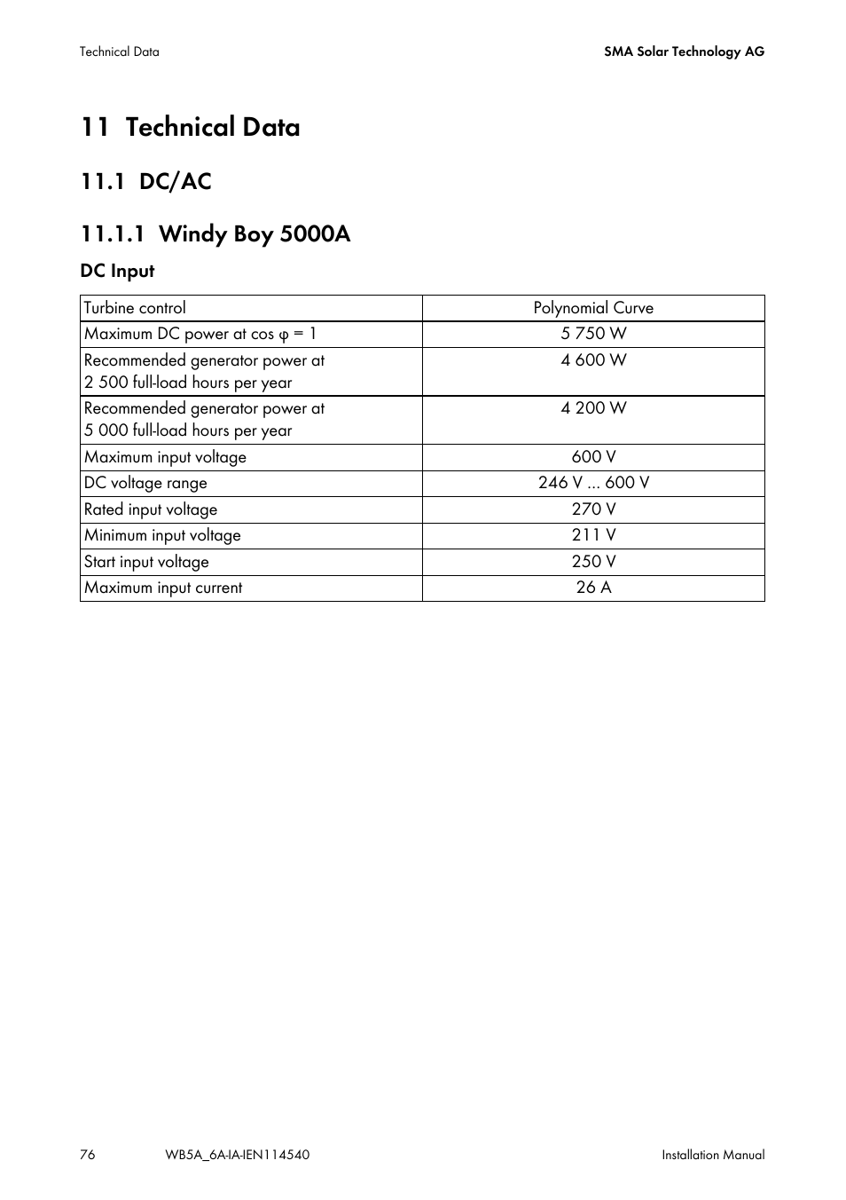 11 technical data, 1 dc/ac, 1 windy boy 5000a | Technical data, Dc/ac, Windy boy 5000a | SMA WB 5000A-11 Installation User Manual | Page 76 / 88