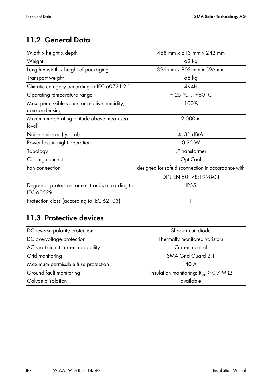 2 general data, 3 protective devices, General data | Protective devices, 2 general data 11.3 protective devices | SMA WB 5000A-11 Installation User Manual | Page 80 / 88