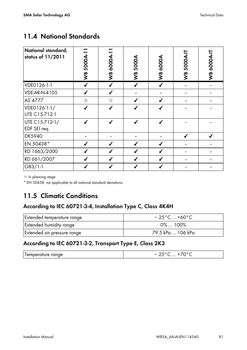 4 national standards, 5 climatic conditions, National standards | Climatic conditions | SMA WB 5000A-11 Installation User Manual | Page 81 / 88