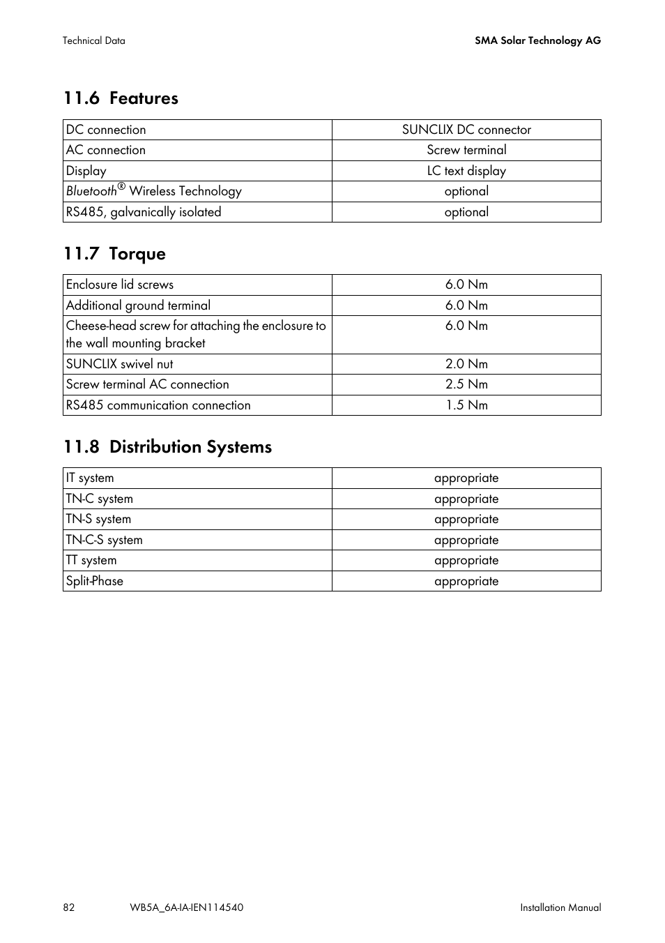 6 features, 7 torque, 8 distribution systems | Features, Torque, Distribution systems | SMA WB 5000A-11 Installation User Manual | Page 82 / 88