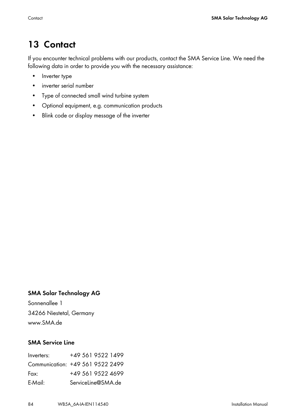 13 contact, Contact | SMA WB 5000A-11 Installation User Manual | Page 84 / 88