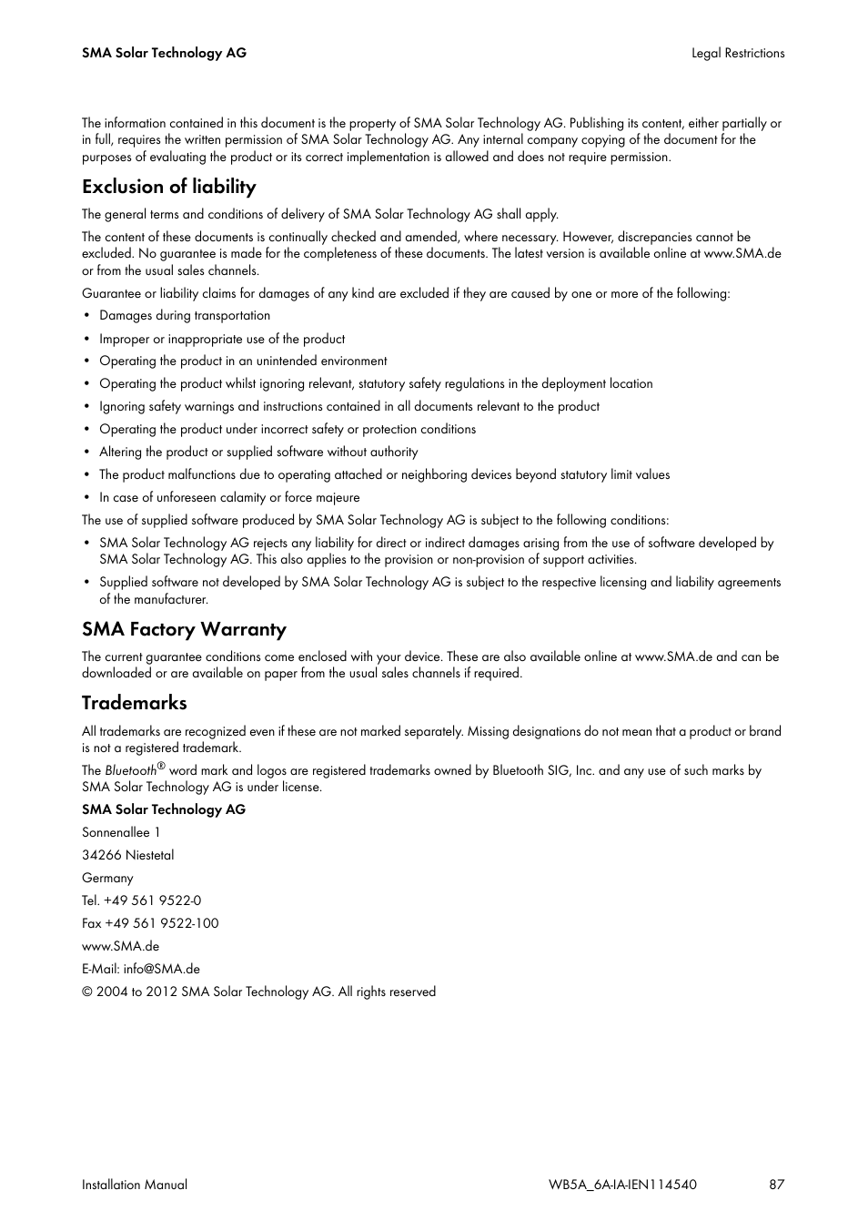 Exclusion of liability, Sma factory warranty, Trademarks | SMA WB 5000A-11 Installation User Manual | Page 87 / 88