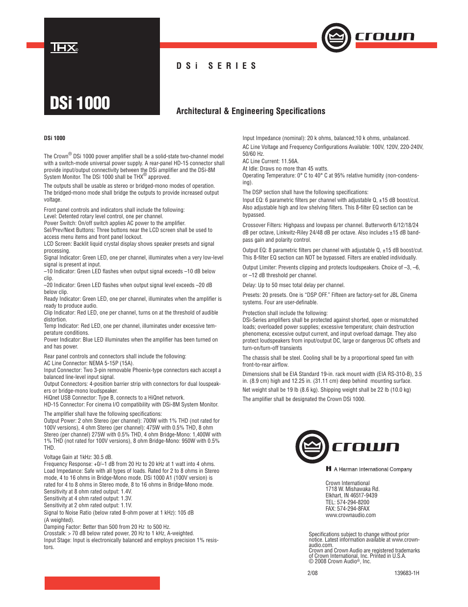Crown Audio DSi 1000 User Manual | 1 page