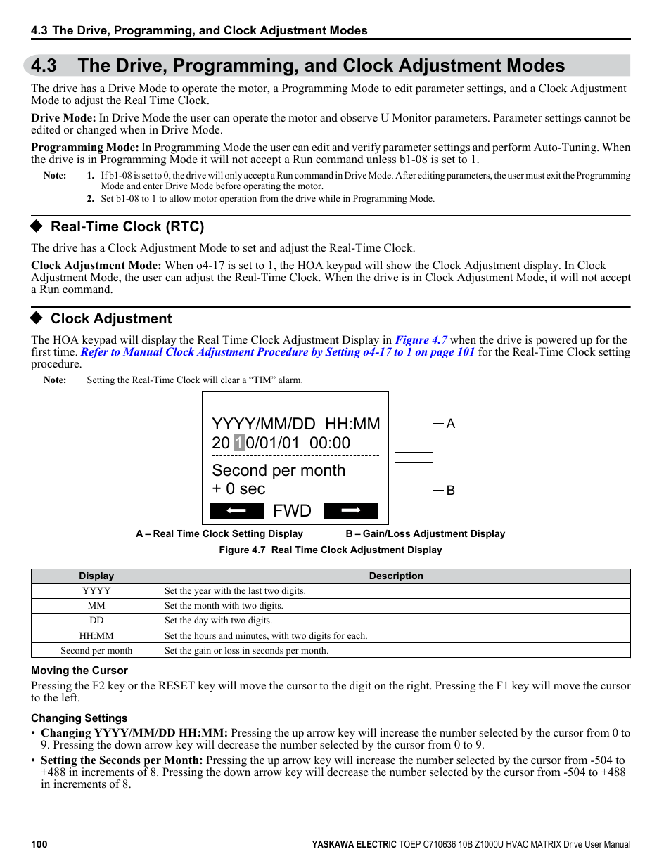 The drive, programming, and clock adjustment modes, Real-time clock (rtc), Clock adjustment | Yaskawa Z1000U User Manual | Page 100 / 378