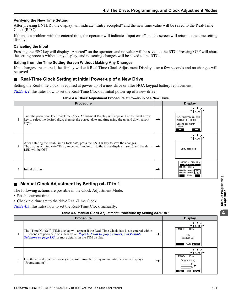 First time, Manual clock adjustment by setting o4-17 to 1 | Yaskawa Z1000U User Manual | Page 101 / 378