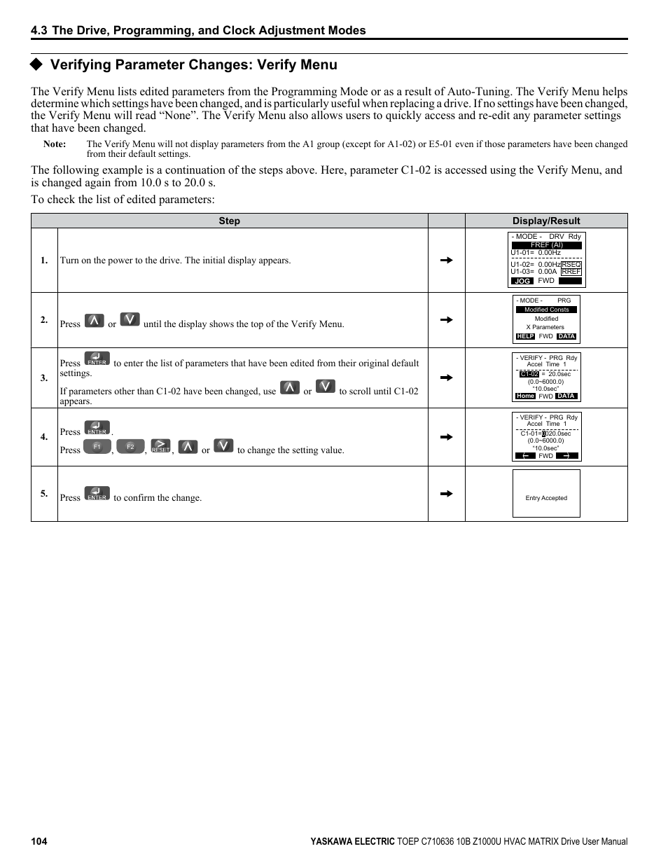 Verifying parameter changes: verify menu | Yaskawa Z1000U User Manual | Page 104 / 378