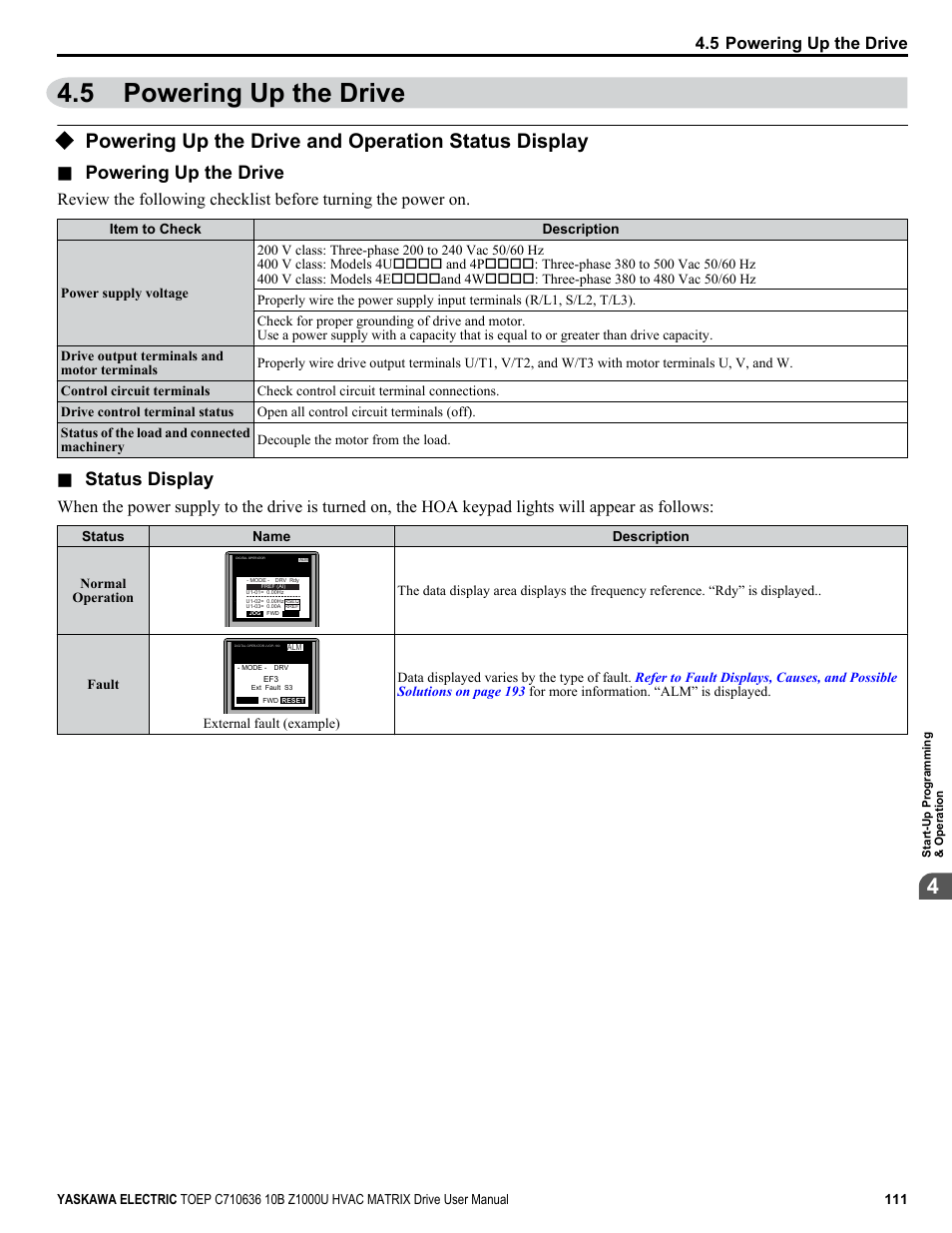 Powering up the drive, Powering up the drive and operation status display, 5 powering up the drive | Status display | Yaskawa Z1000U User Manual | Page 111 / 378
