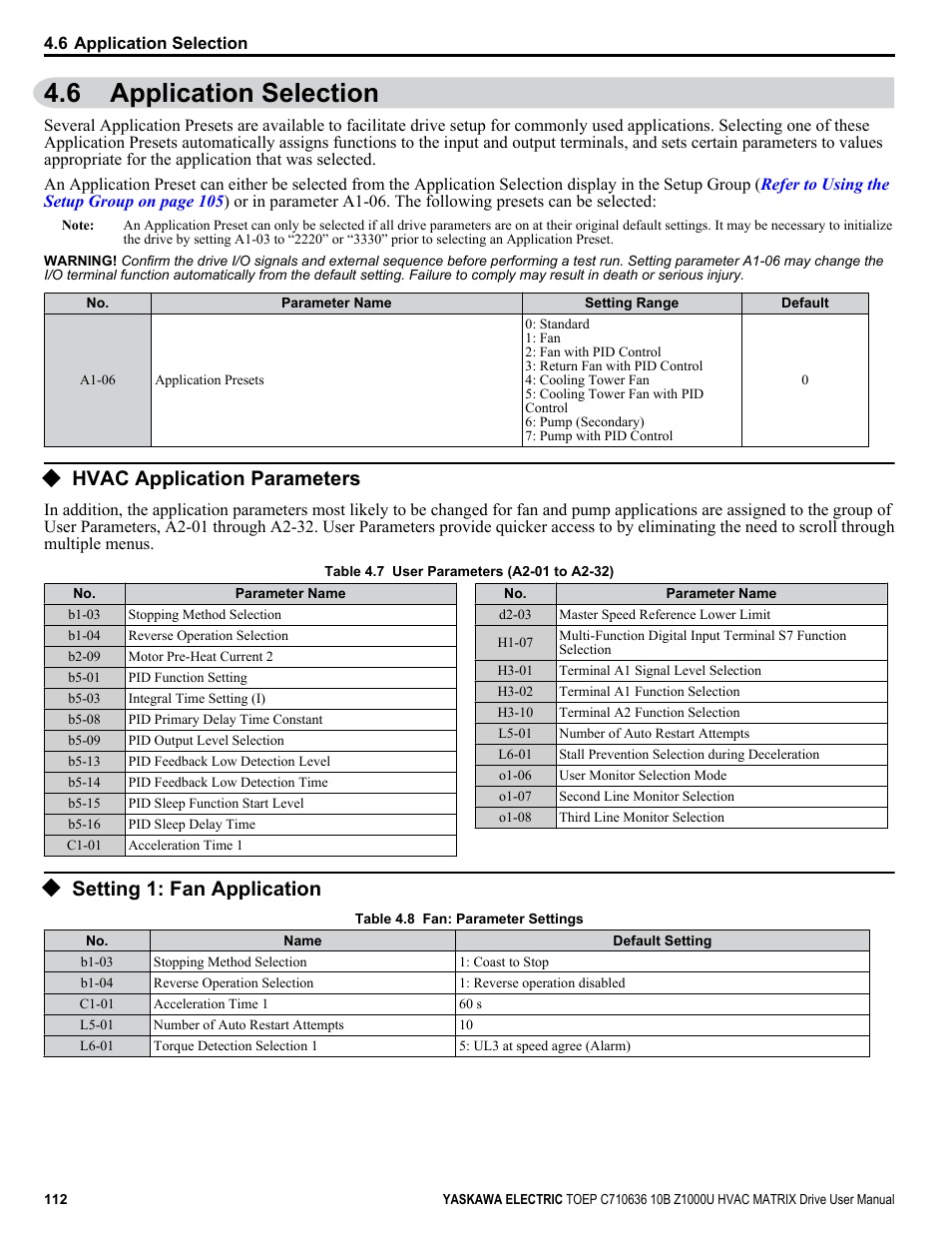 Application selection, Hvac application parameters, Setting 1: fan application | 6 application selection, Refer to application | Yaskawa Z1000U User Manual | Page 112 / 378