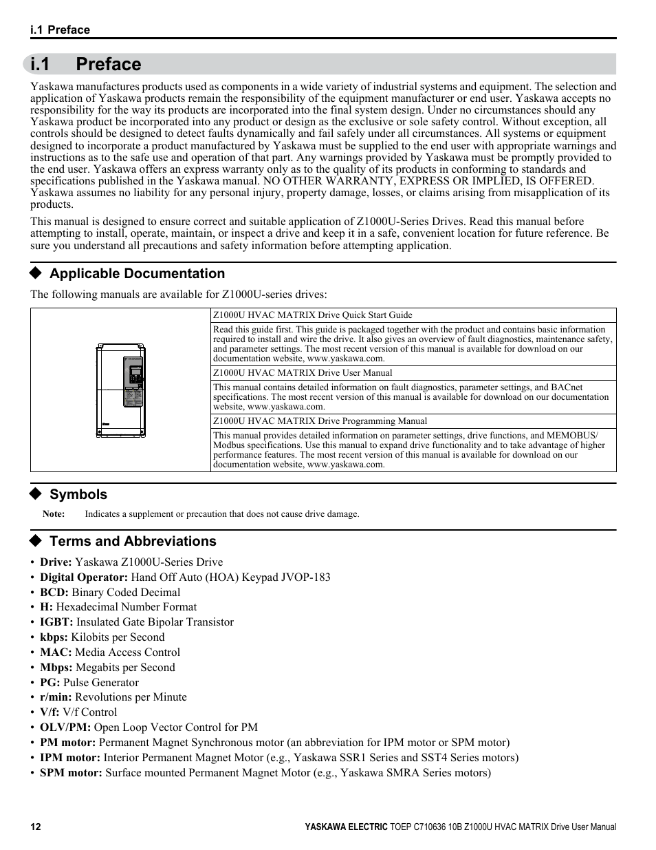 Preface, Applicable documentation, Symbols | Terms and abbreviations, I.1 preface | Yaskawa Z1000U User Manual | Page 12 / 378