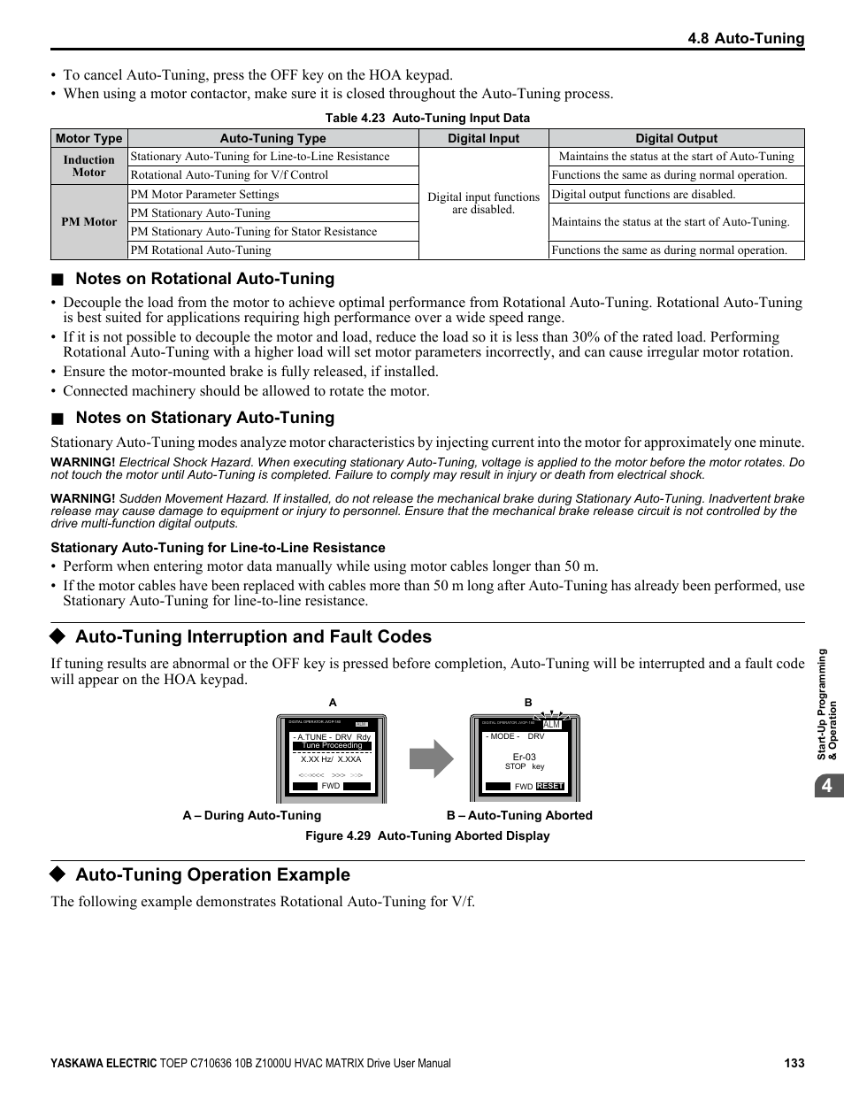 Auto-tuning interruption and fault codes, Auto-tuning operation example | Yaskawa Z1000U User Manual | Page 133 / 378