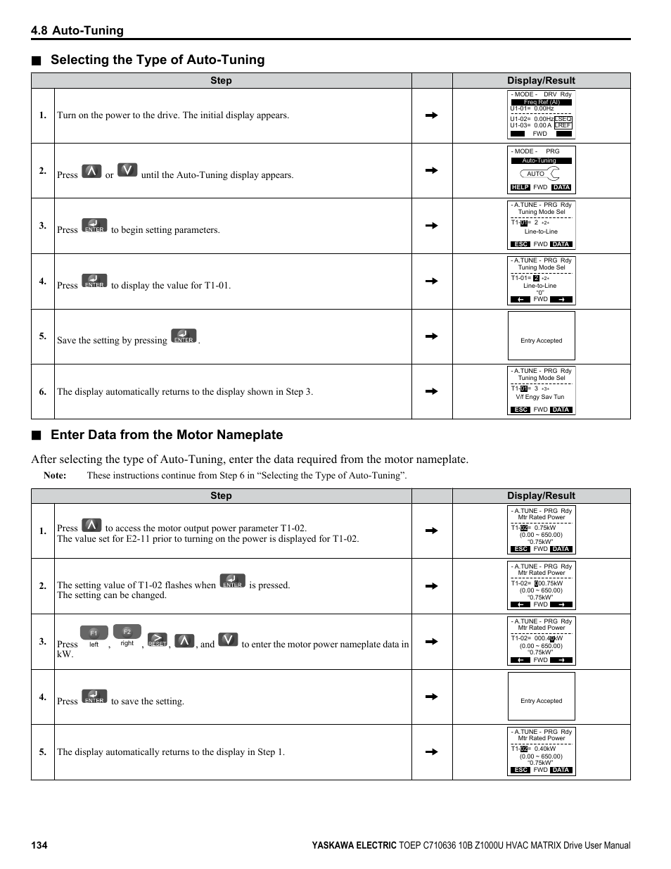 Selecting the type of auto-tuning, Enter data from the motor nameplate, 8 auto-tuning | Press or until the auto-tuning display appears, Press to begin setting parameters, Press to display the value for t1-01, Save the setting by pressing, Press, And to enter the motor power nameplate data in kw, Press to save the setting | Yaskawa Z1000U User Manual | Page 134 / 378
