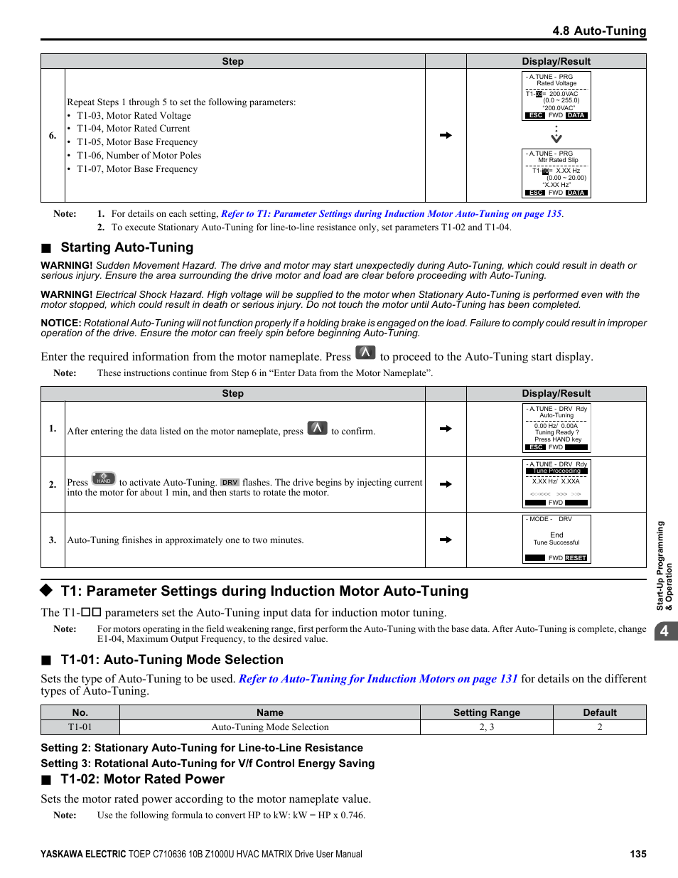 Starting auto-tuning, T1-01: auto-tuning mode selection, T1-02: motor rated power | 8 auto-tuning | Yaskawa Z1000U User Manual | Page 135 / 378