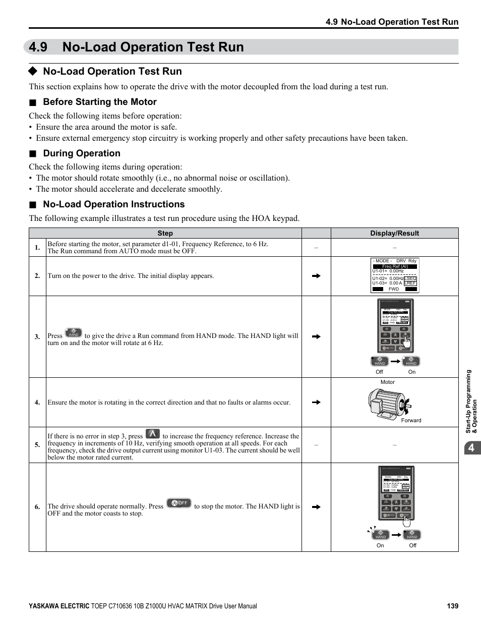 No-load operation test run, 9 no-load operation test run, Before starting the motor | During operation, No-load operation instructions, Press | Yaskawa Z1000U User Manual | Page 139 / 378