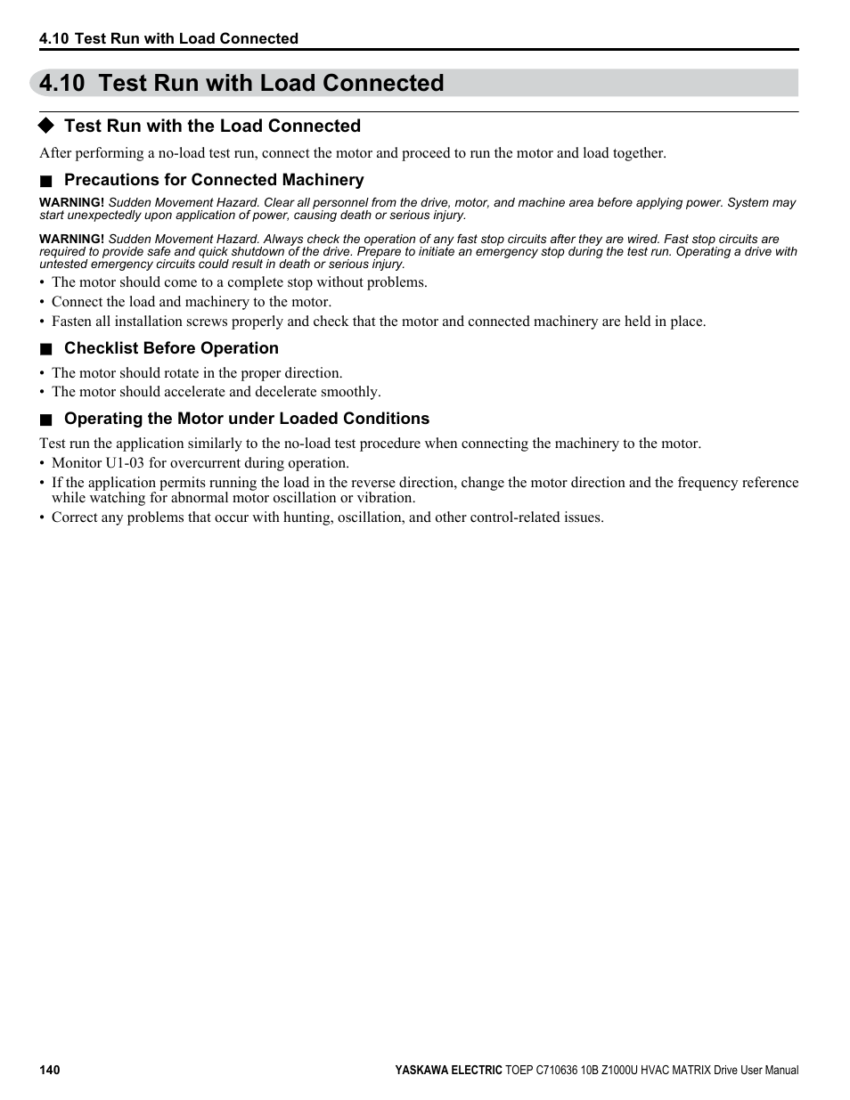 Test run with load connected, Test run with the load connected, 10 test run with load connected | Yaskawa Z1000U User Manual | Page 140 / 378