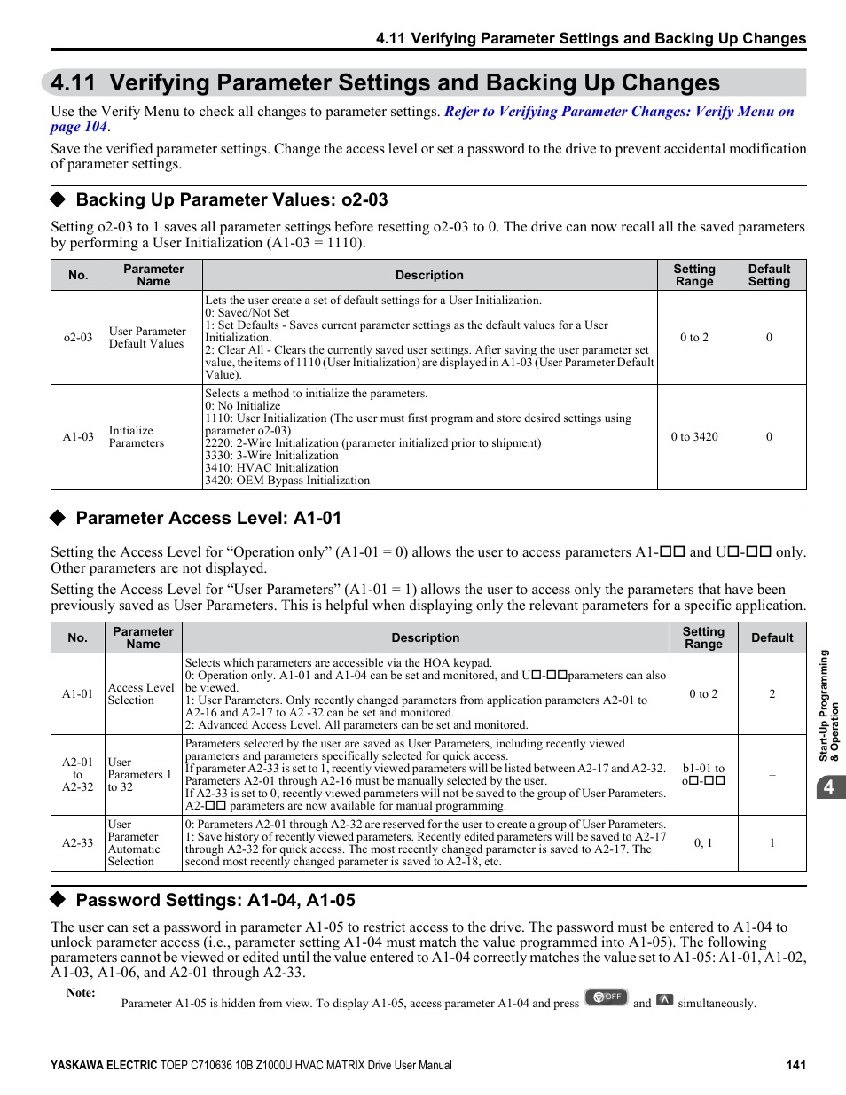 Backing up parameter values: o2-03, Parameter access level: a1-01, Password settings: a1-04, a1-05 | Yaskawa Z1000U User Manual | Page 141 / 378