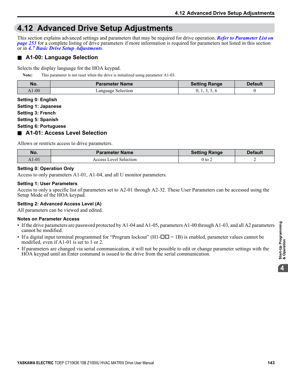 Advanced drive setup adjustments, 12 advanced drive setup adjustments | Yaskawa Z1000U User Manual | Page 143 / 378