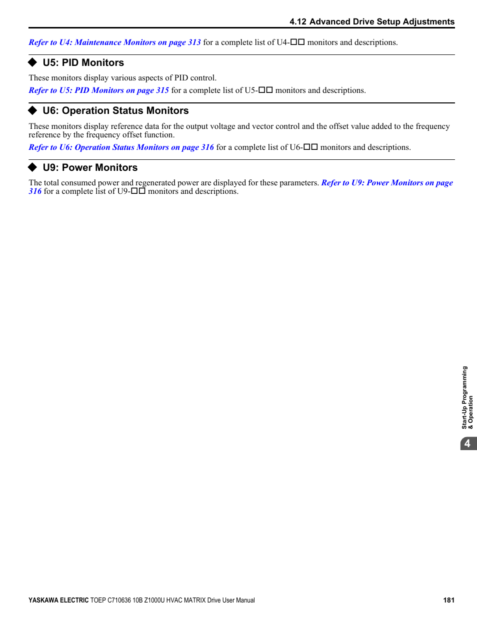 U5: pid monitors, U6: operation status monitors, U9: power monitors | Yaskawa Z1000U User Manual | Page 181 / 378