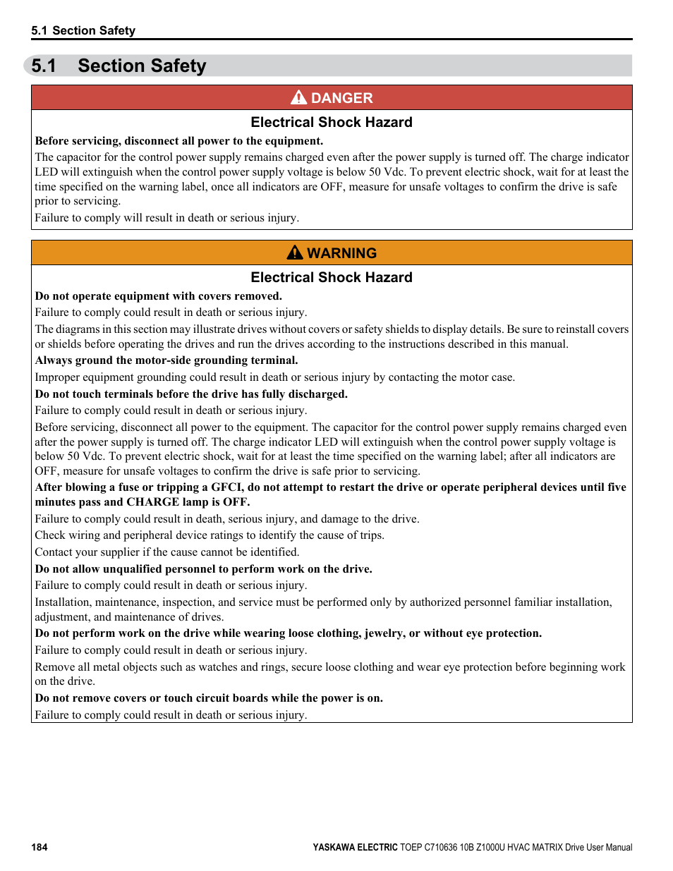 Section safety, 1 section safety | Yaskawa Z1000U User Manual | Page 184 / 378