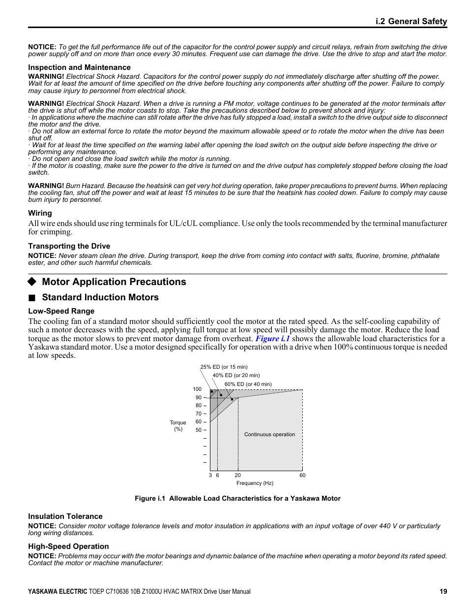 Motor application precautions, Standard induction motors | Yaskawa Z1000U User Manual | Page 19 / 378