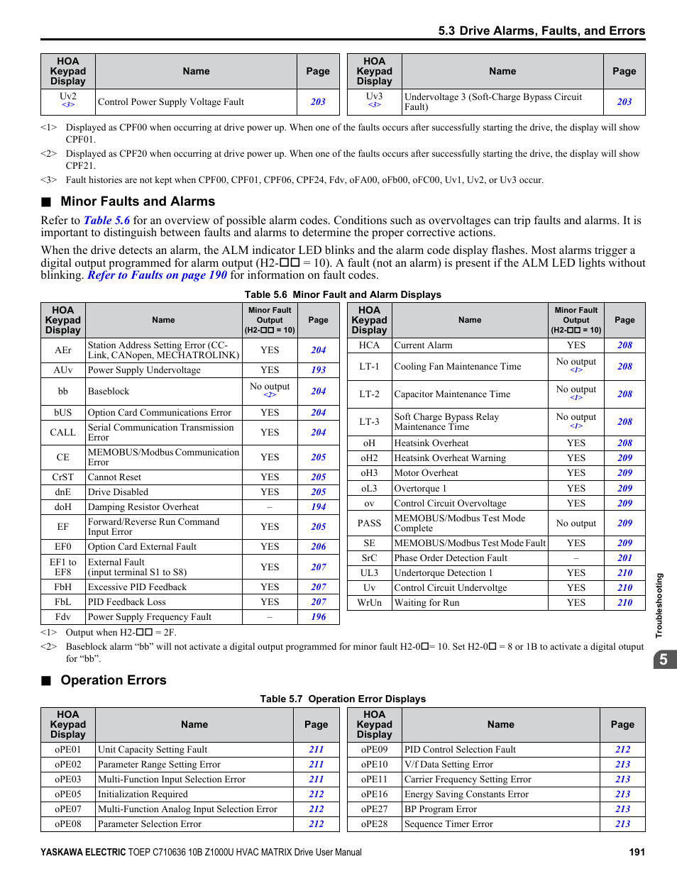 Refer to, For a list of alarm codes, Minor faults and alarms | Operation errors | Yaskawa Z1000U User Manual | Page 191 / 378
