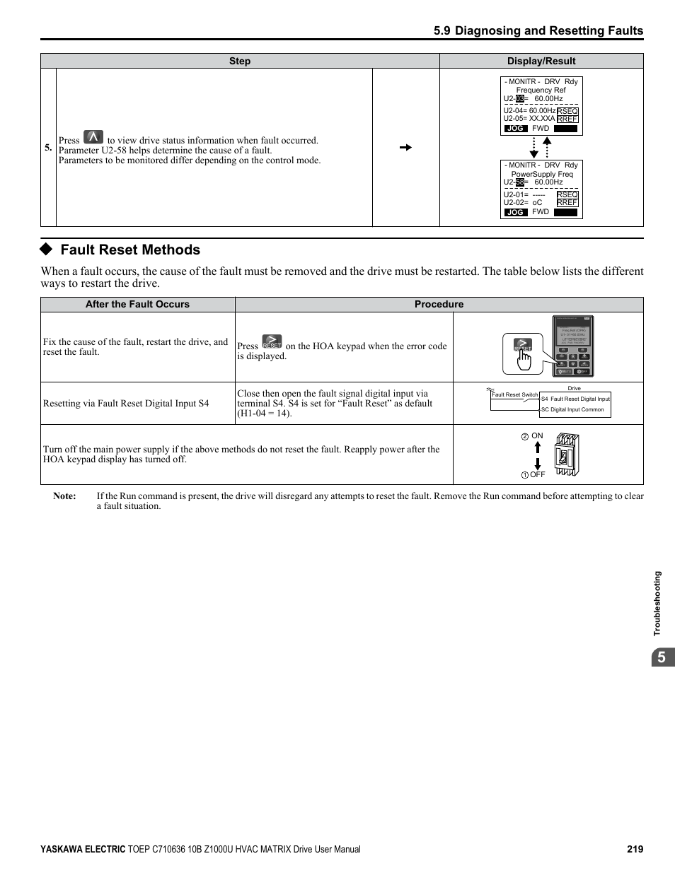 Fault reset methods, Reset the fault, 9 diagnosing and resetting faults | Digital operator jvop-183 | Yaskawa Z1000U User Manual | Page 219 / 378