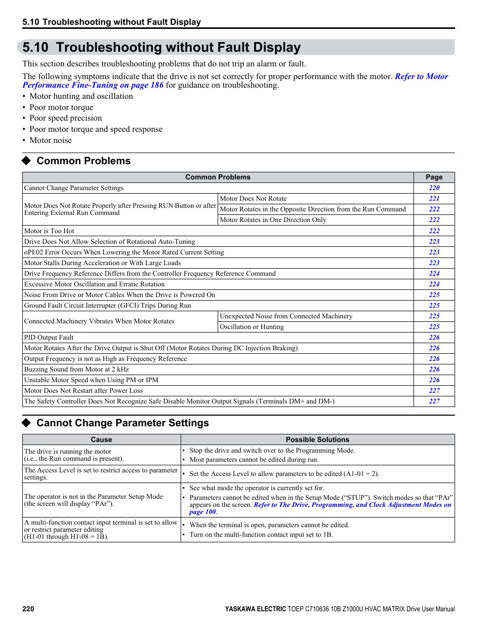 Troubleshooting without fault display, Common problems, Cannot change parameter settings | 10 troubleshooting without fault display | Yaskawa Z1000U User Manual | Page 220 / 378