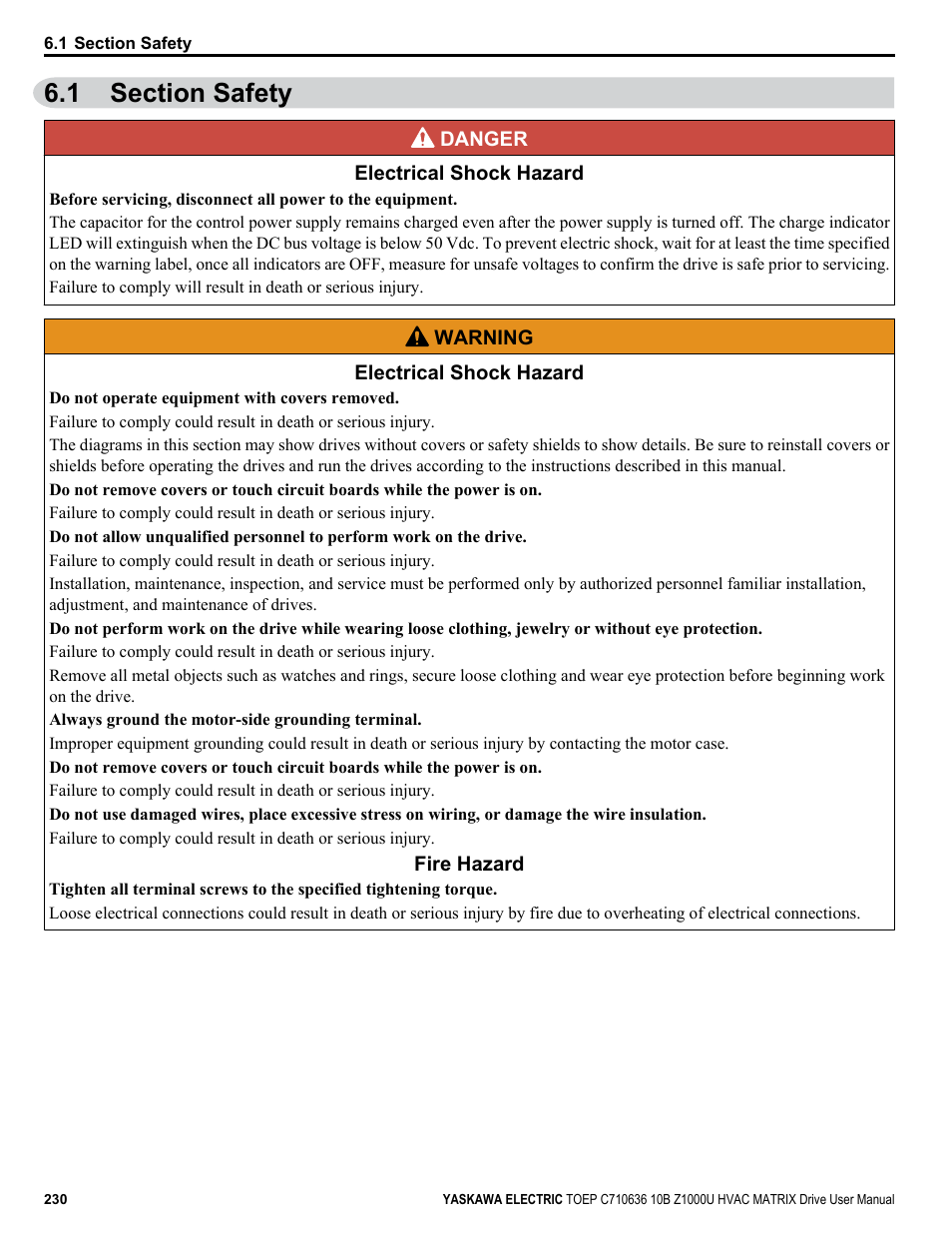 Section safety, 1 section safety | Yaskawa Z1000U User Manual | Page 230 / 378