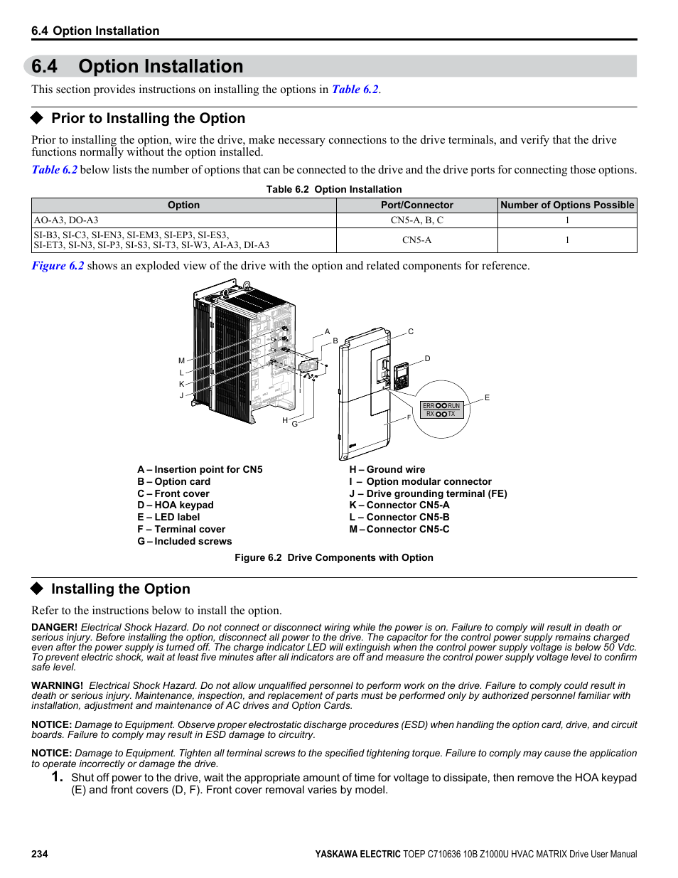 Option installation, Prior to installing the option, Installing the option | 4 option installation | Yaskawa Z1000U User Manual | Page 234 / 378