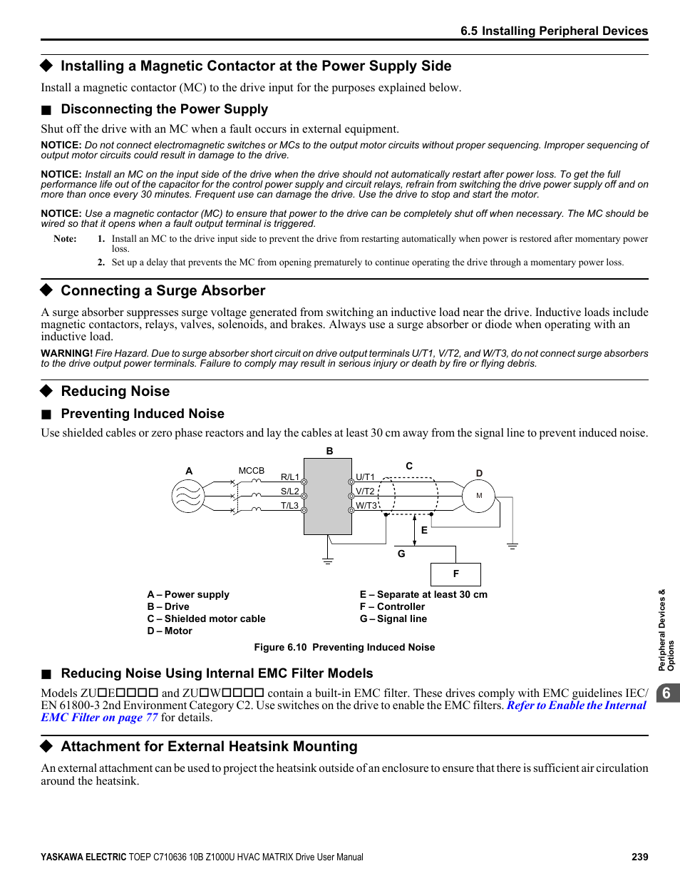 Connecting a surge absorber, Reducing noise, Attachment for external heatsink mounting | Failure to comply may cause resistor | Yaskawa Z1000U User Manual | Page 239 / 378