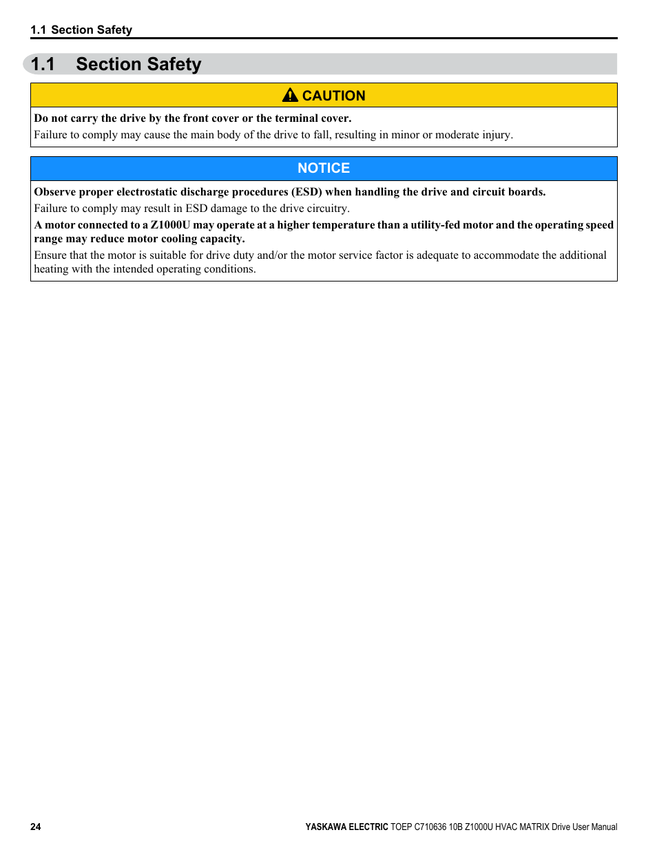 Section safety, 1 section safety | Yaskawa Z1000U User Manual | Page 24 / 378