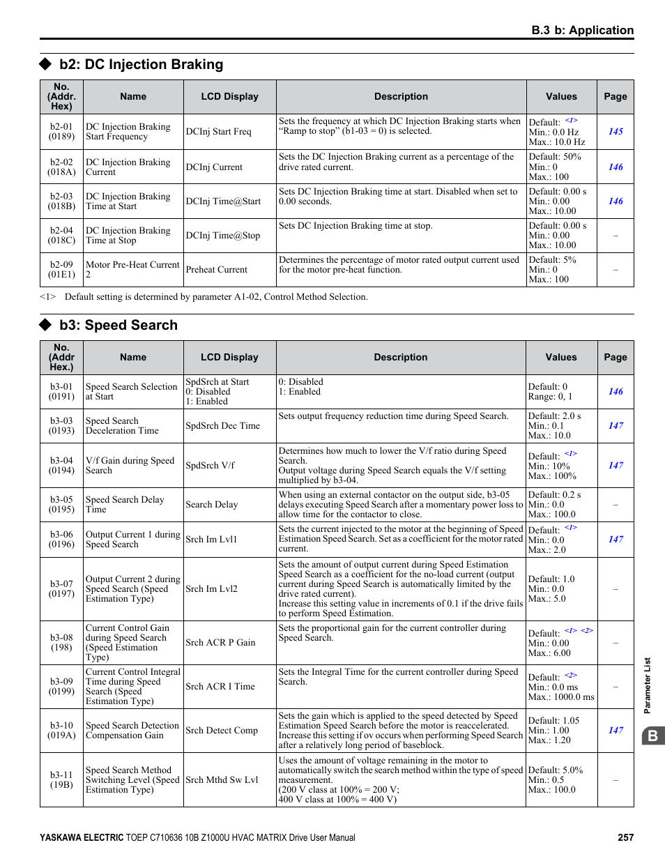 B2: dc injection braking, B3: speed search, Or speed search | Yaskawa Z1000U User Manual | Page 257 / 378