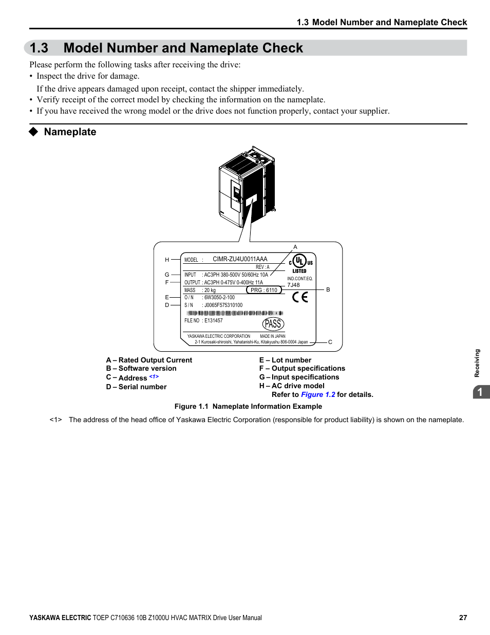 Model number and nameplate check, Nameplate, 3 model number and nameplate check | Pass | Yaskawa Z1000U User Manual | Page 27 / 378