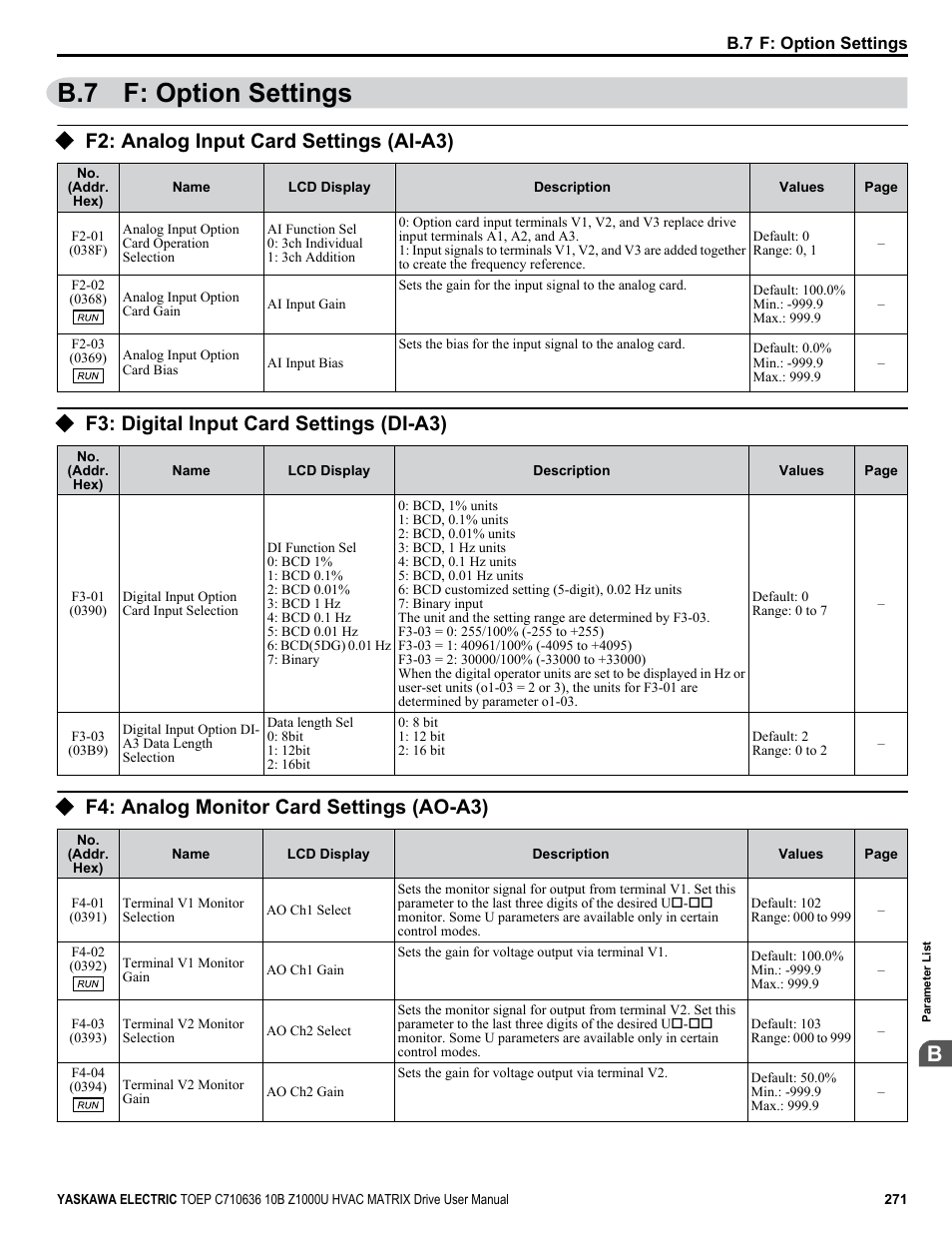 F: option settings, F2: analog input card settings (ai-a3), F3: digital input card settings (di-a3) | F4: analog monitor card settings (ao-a3), B.7 f: option settings | Yaskawa Z1000U User Manual | Page 271 / 378